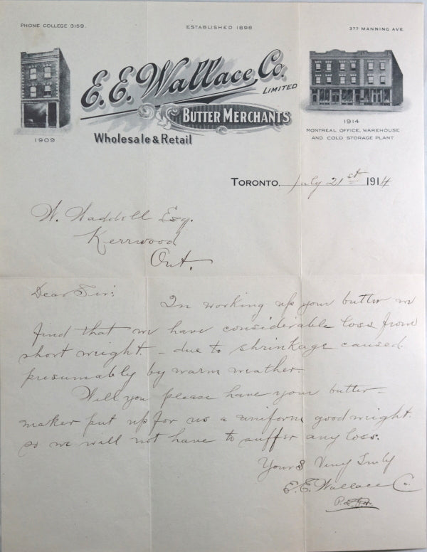 1914 letter Butter Merchant with letterhead, Toronto (Ontario)