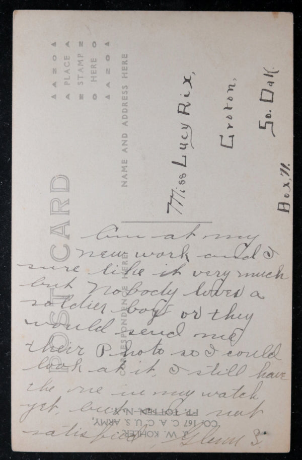 1914 photo postcard soldier working at his desk, Fort Totten N.Y.