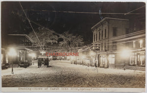 1914 photo postcard night after snowstorm downtown Springfield VT