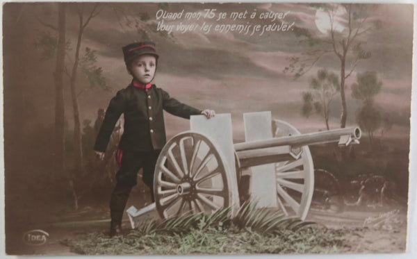 1915 Guerre 14-18 France carte postale patriotique, garcon et canon 75