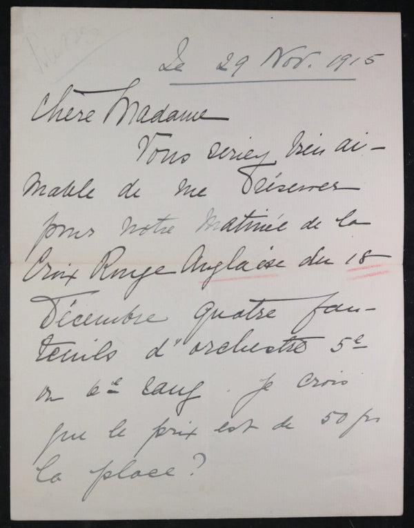 1915 Paris letter from wife of UK diplomat Austin Lee, fundraiser tickets