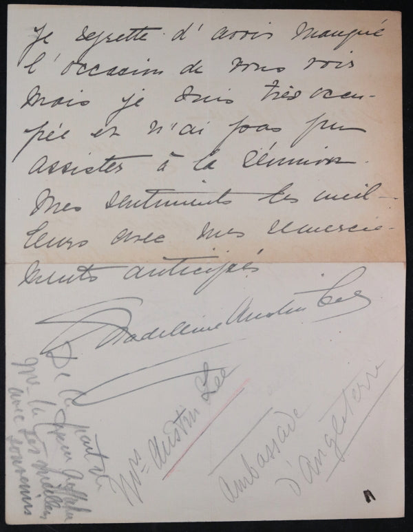 1915 Paris letter from wife of UK diplomat Austin Lee, fundraiser tickets