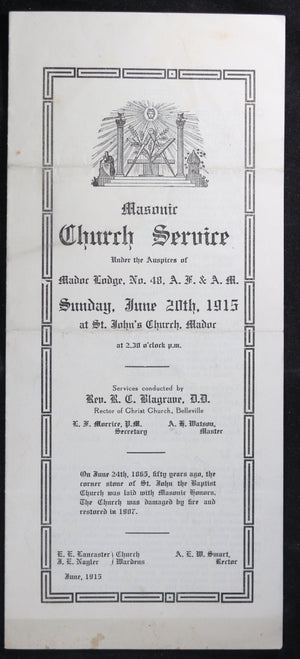 1915 Masonic Church Service programme, Madoc Ontario Canada