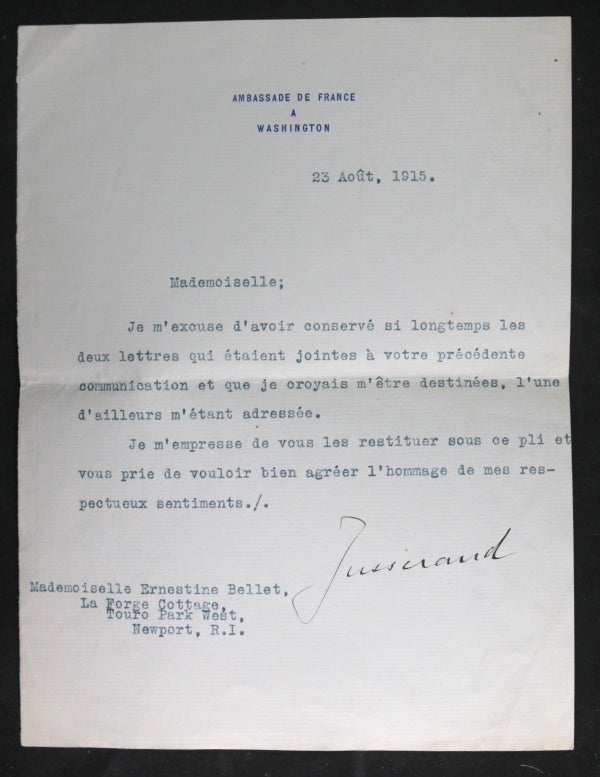 1915 deux lettres, l’Ambassadeur au États-Unis Jusserand à Mme Bellet