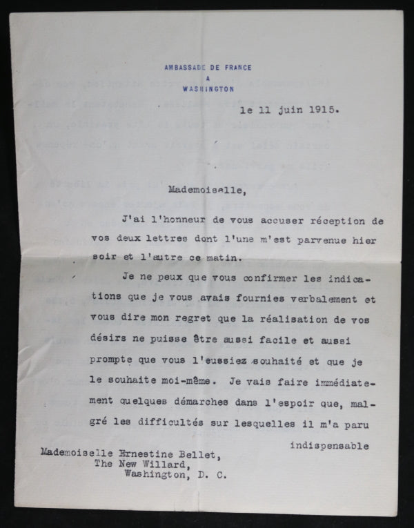 1915 deux lettres, l’Ambassadeur au États-Unis Jusserand à Mme Bellet