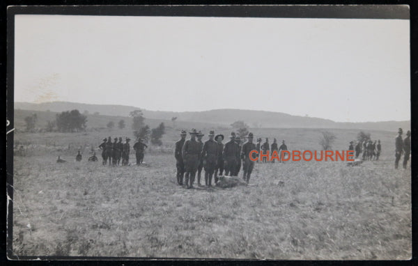 1915 photo postcard soldiers ready to pitch tents, Fort Leavenworth KS