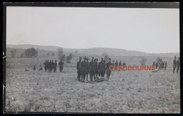 1915 photo postcard soldiers ready to pitch tents, Fort Leavenworth KS