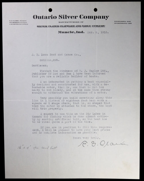 1915 request info on custom boat – Ross Boat & Canoe Orillia Canada
