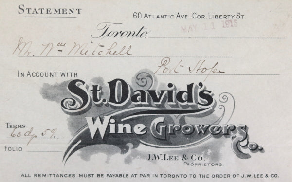 1915 statement from St. David’s Wine Growers, Toronto Ontario