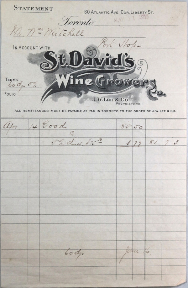 1915 statement from St. David’s Wine Growers, Toronto Ontario