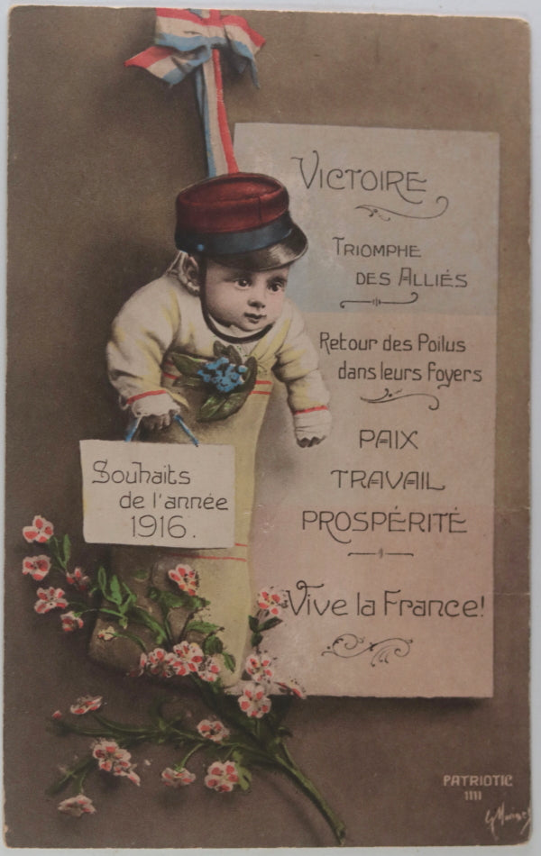 1916 Guerre 14-18 France carte postale patriotique, bébé de Nouvel An