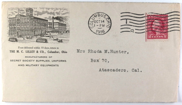  1916 USA Ohio advertising cover Lilley & Co. secret society supplies
