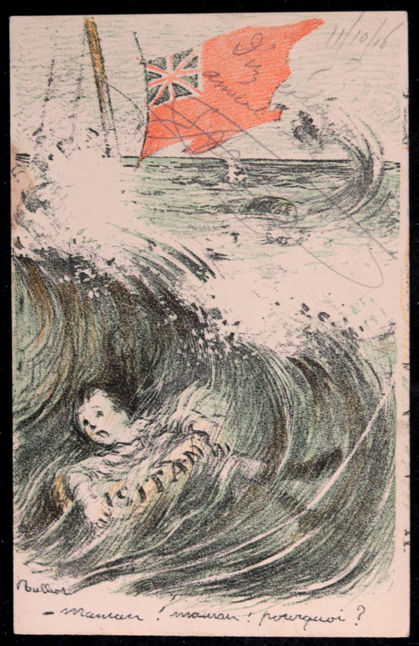 1916 WW1 French propaganda postcard sinking of RMS Lusitania