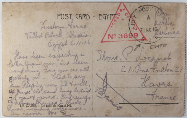 1916 WW1 censored postcard UK soldier Western Forces Cairo Egypt
