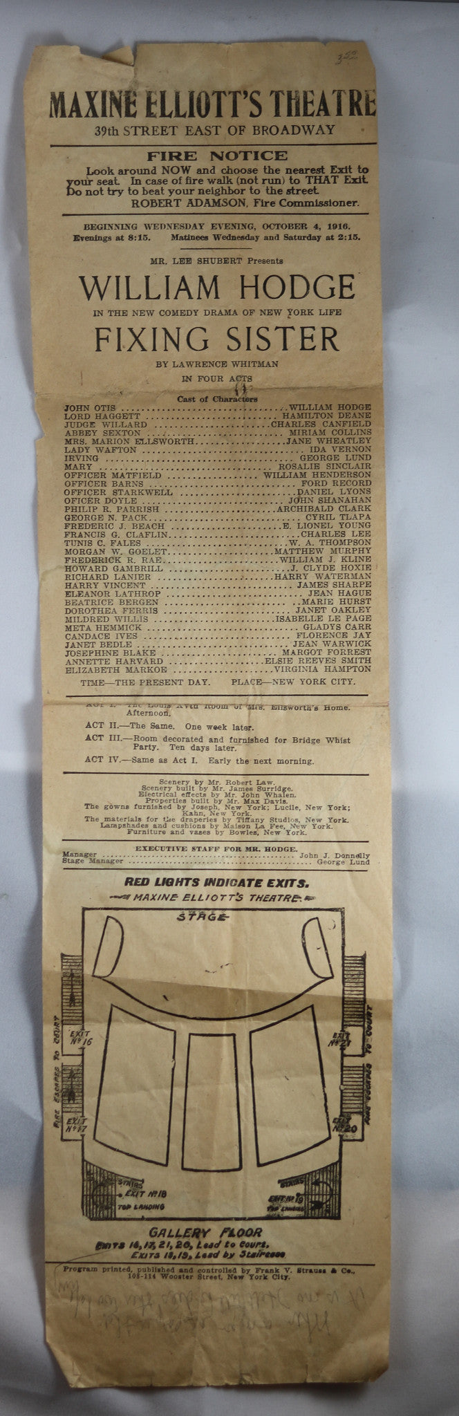 1916 vintage playbill for Maxine Elliott's Theatre NYC