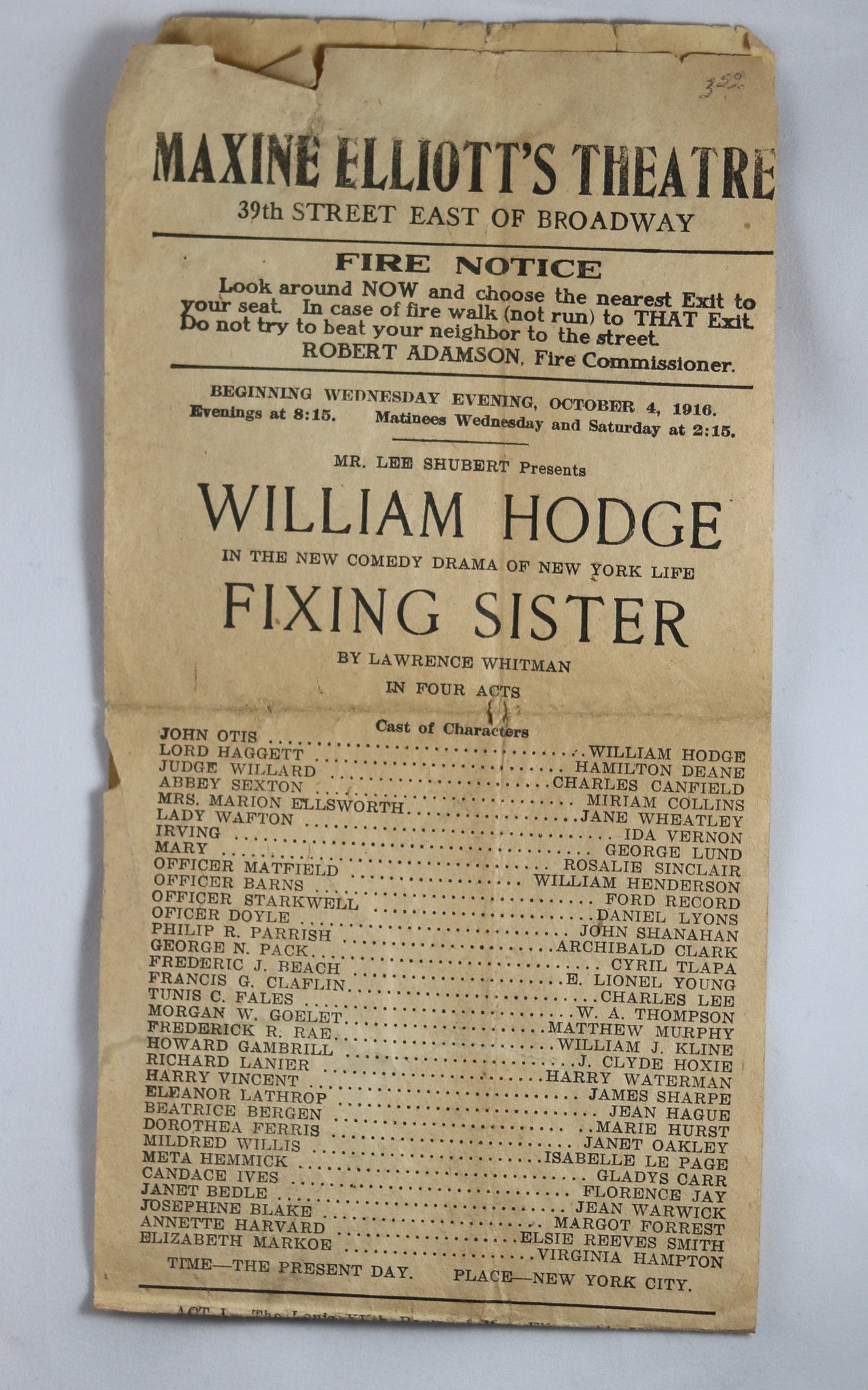 1916 vintage playbill for Maxine Elliott's Theatre NYC