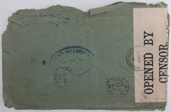 1917 WW1 CEF military mail envelope from France to Keewatin ON