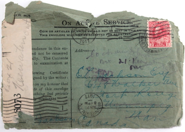 1917 WW1 CEF military mail envelope from France to Keewatin ON