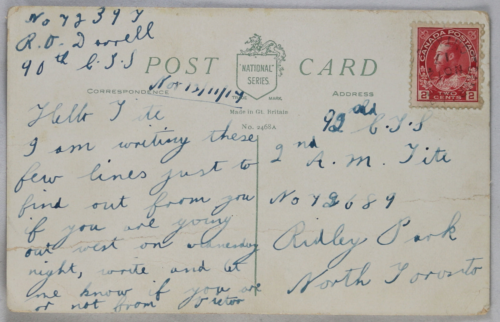 1917 WW1 patriotic postcard, to member Royal Flight Corps (Canada)