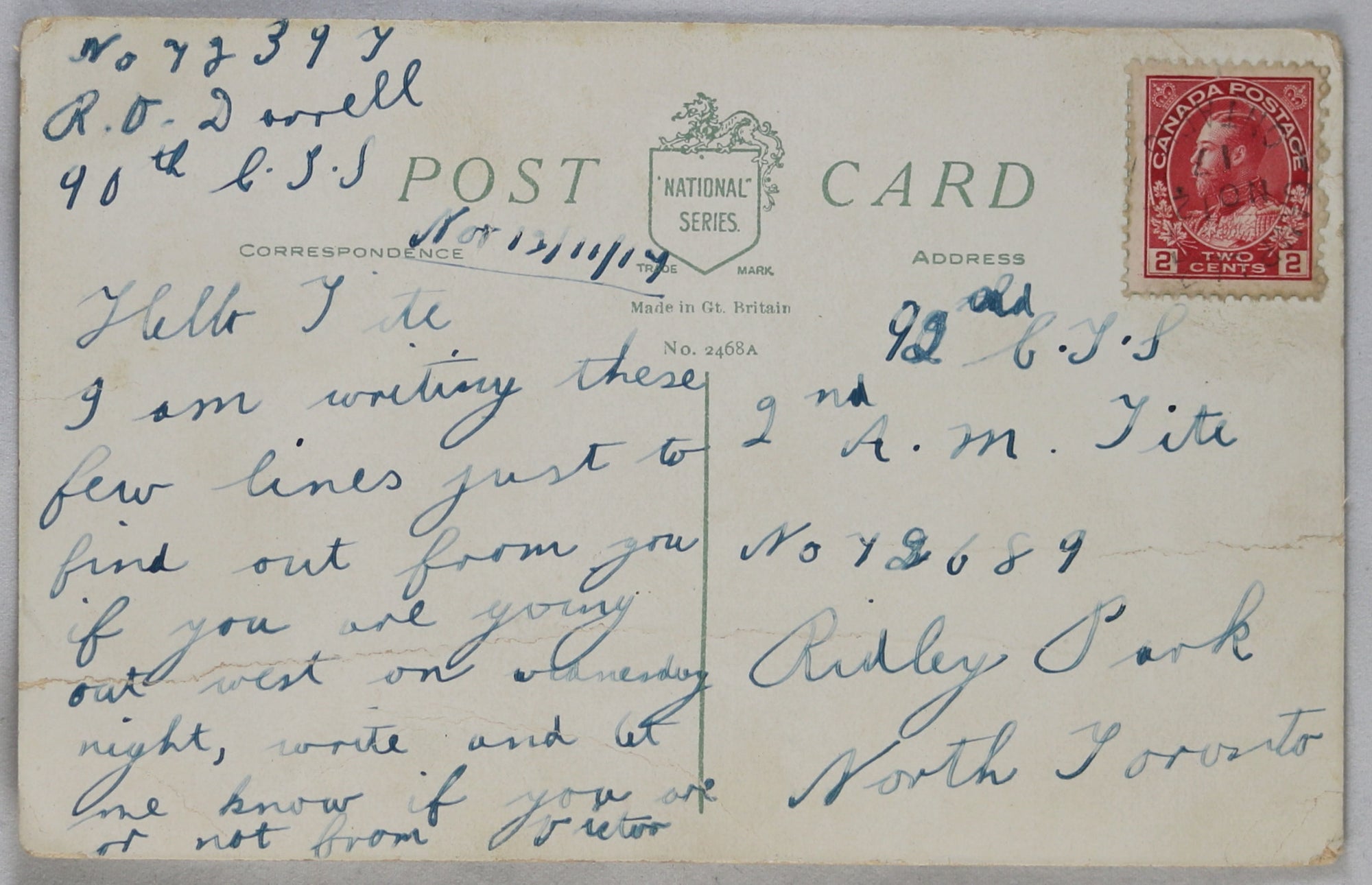1917 WW1 patriotic postcard, to member Royal Flight Corps (Canada)