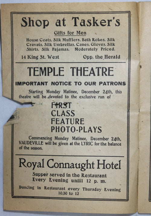 1917 programme Hamilton Ontario's Temple Theatre vaudeville show (#2)
