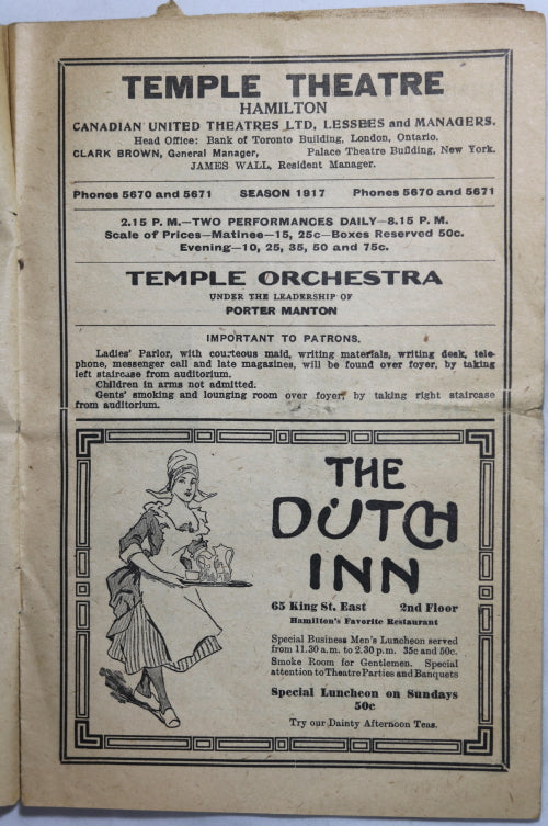 1917 programme Hamilton Ontario's Temple Theatre vaudeville show (2/2) 1917 programme Hamilton Ontario's Temple Theatre vaudeville show (2/2)
