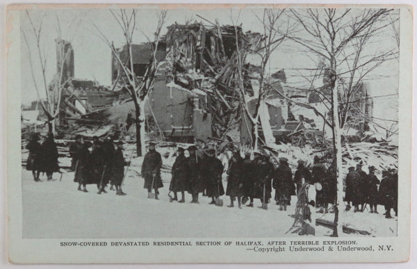 1917 photo postcard of soldiers at building destroyed in Halifax explosion