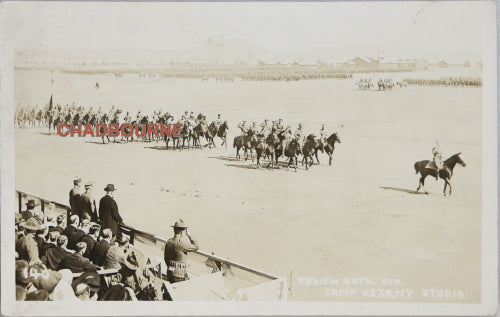 1918 WW1 two photo postcards of military parade, Camp Kearny CA