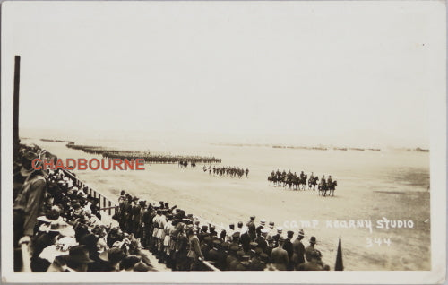 1918 WW1 two photo postcards of military parade, Camp Kearny CA