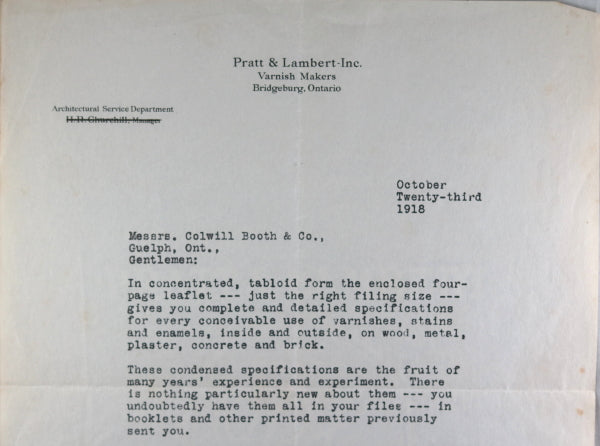 1918 letter from Pratt & Lambert Varnish Makers, Bridgeburg Ontario