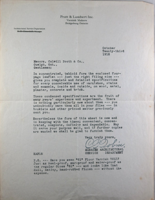 1918 letter from Pratt & Lambert Varnish Makers, Bridgeburg Ontario