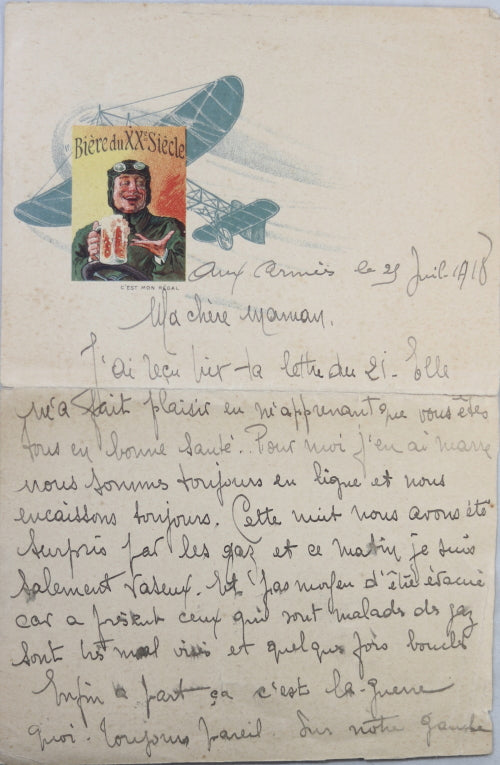 1918 lettre d’un poilu à sa mère, il a été victime d'une attaque de gaz