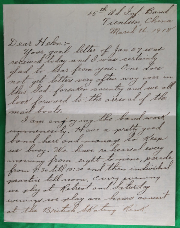 1918 letter from American soldier 15th Infantry, based in Tientsin China