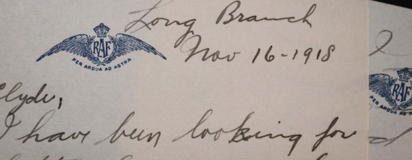 1918 letter from RAF pilot at Long Branch Ont. to pilot Clyde Tite