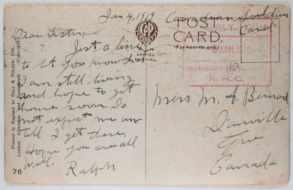 1919 WW1 postcard The Black Watch battle honours, Canadian soldier