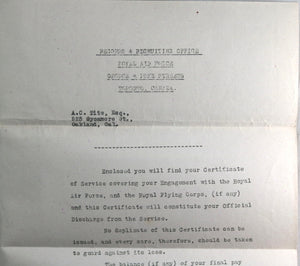 1919 Canada cover letter, discharge of pilot Tite from RAF/RAC #9