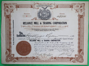1919 Reliance Mill & Trading Corp. stock certificate