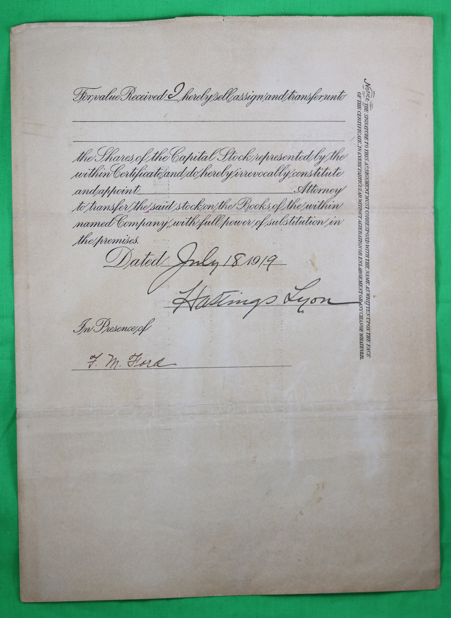 1919 Reliance Mill & Trading Corp. stock certificate