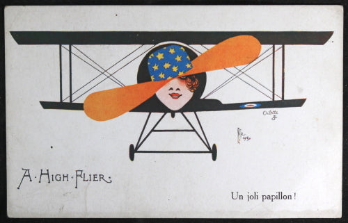 @1919 aviation themed postcard with fashionable lady (France)