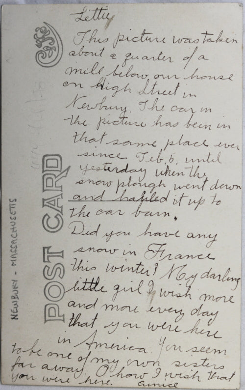 1920 RPPC photo postcard of electric trolley car in snow Newbury MA