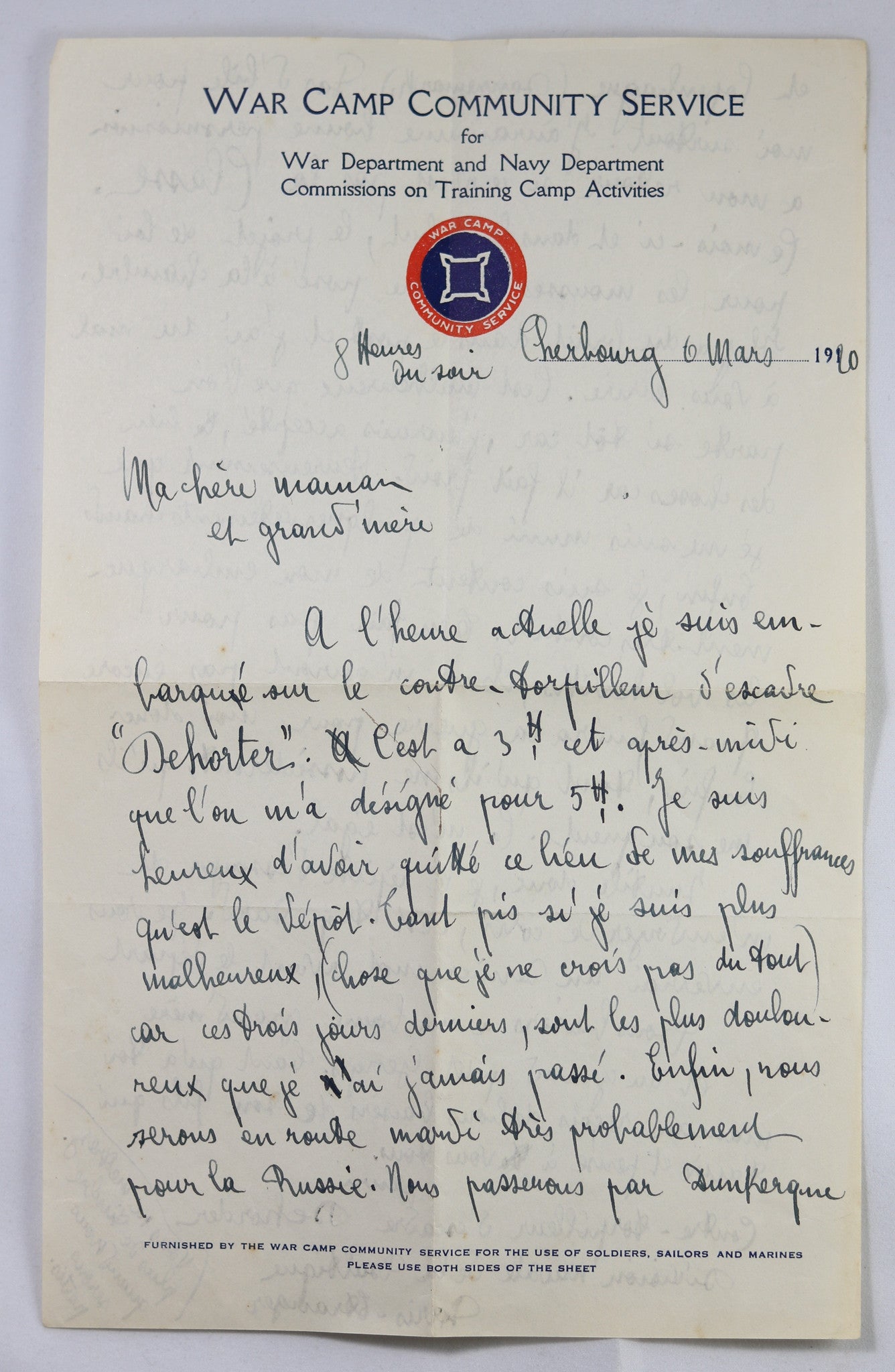 1920 lettre d'un marin sur contre-torpilleur Dehorter - en route pour la Russie?