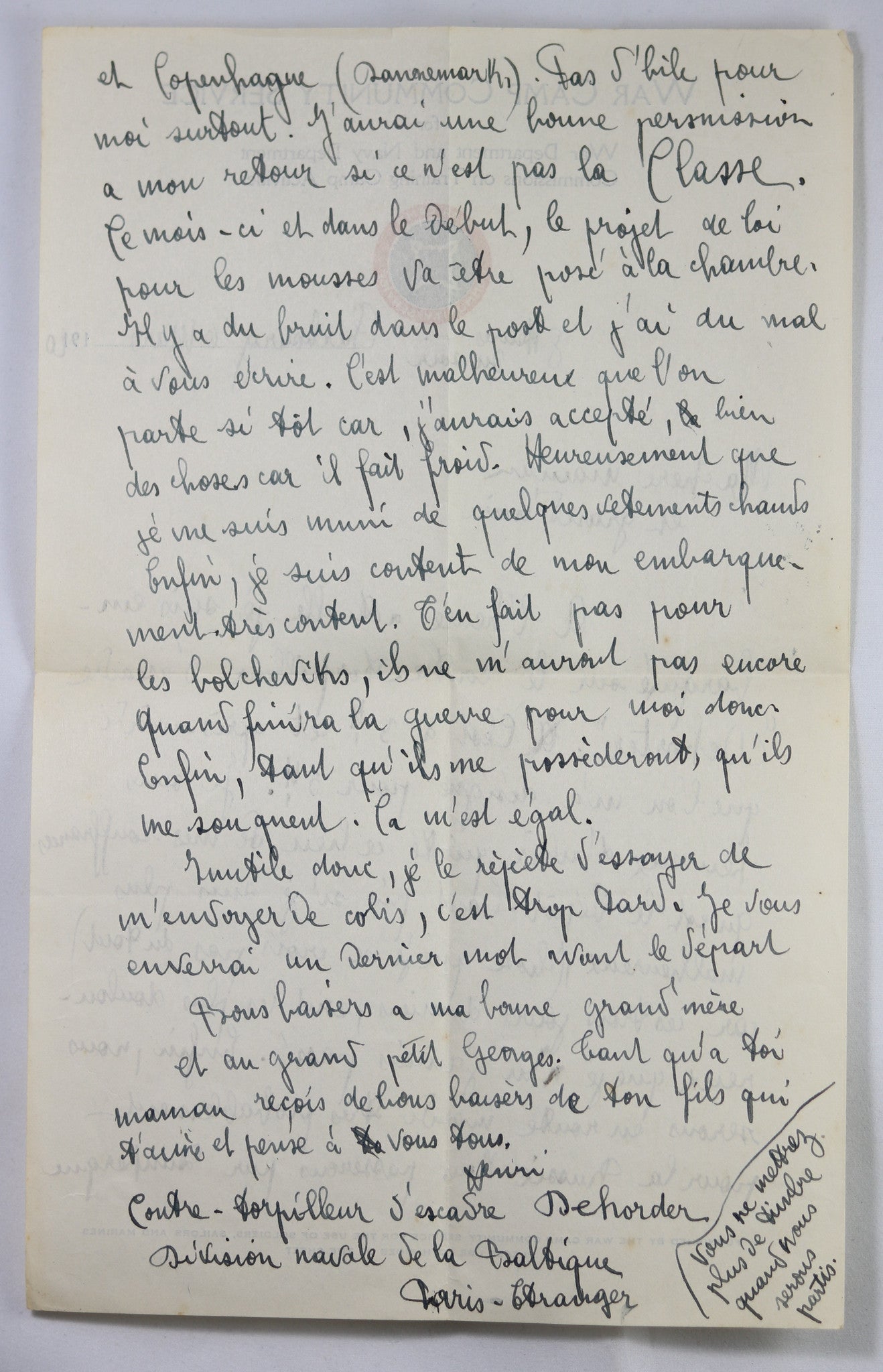 1920 lettre d'un marin sur contre-torpilleur Dehorter - en route pour la Russie?