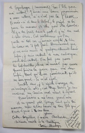1920 lettre d'un marin sur contre-torpilleur Dehorter - en route pour la Russie?