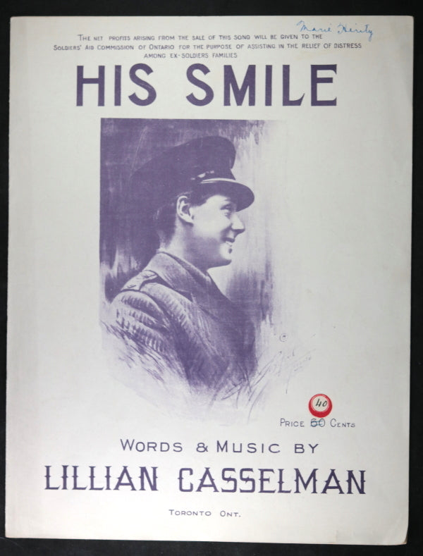 1921 Canadian patriotic song sheet ‘His Smile’, soldier’s charity