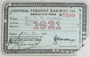 1921 Central Vermont Railway employee pass