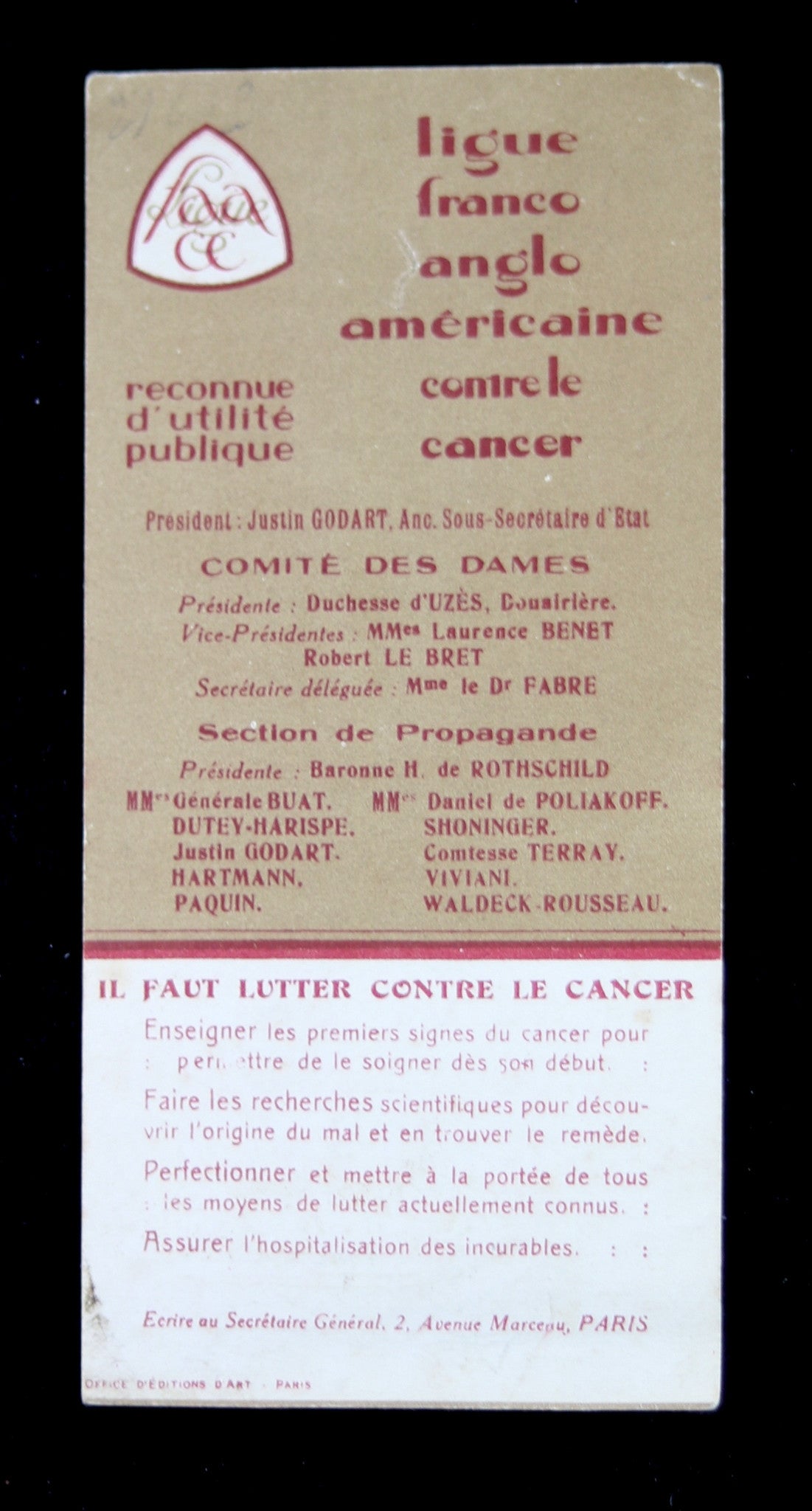 @1921 carte publicitaire ‘Ligue france-anglo-américaine contre Cancer’