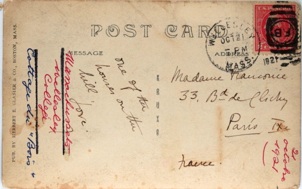 1921 photo postcard Wood Cottage, Wellesley College Mass.