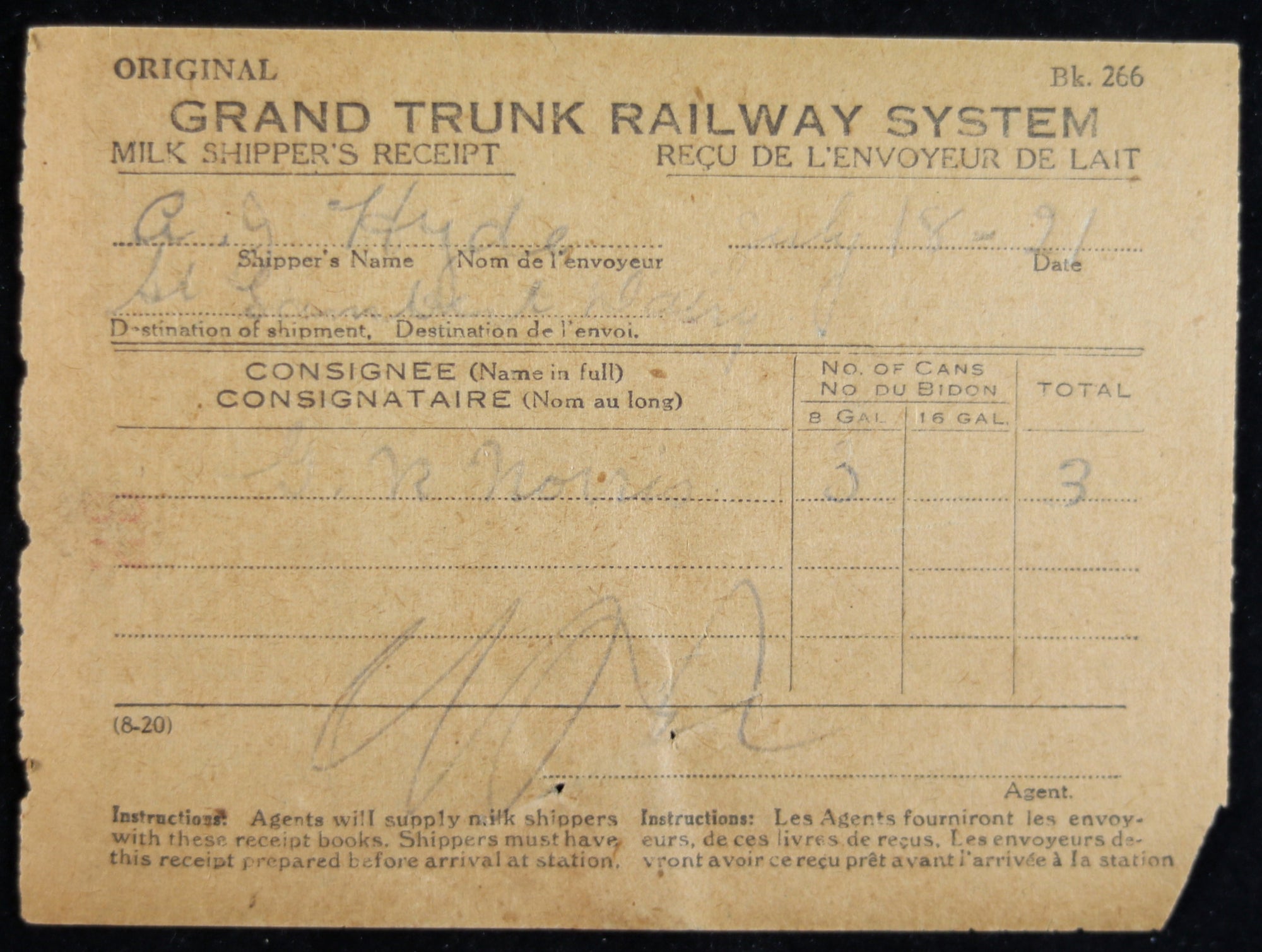 1921 two Canada GTR milk shipper’s receipts 