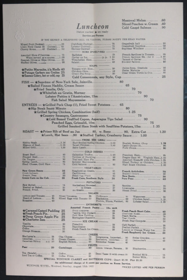 1922 Canada Luncheon menu Windsor Hotel Montreal Quebec