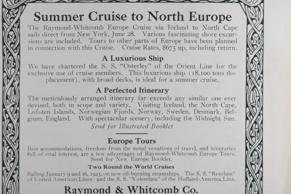 1922 advertising Summer Cruise to North Europe by Raymond-Whitcomb Boston